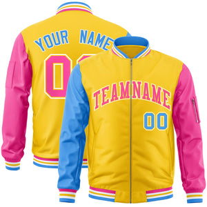 Custom Gold Pink-Powder Blue Varsity Full-Zip Raglan Sleeves Letterman Bomber Jacket