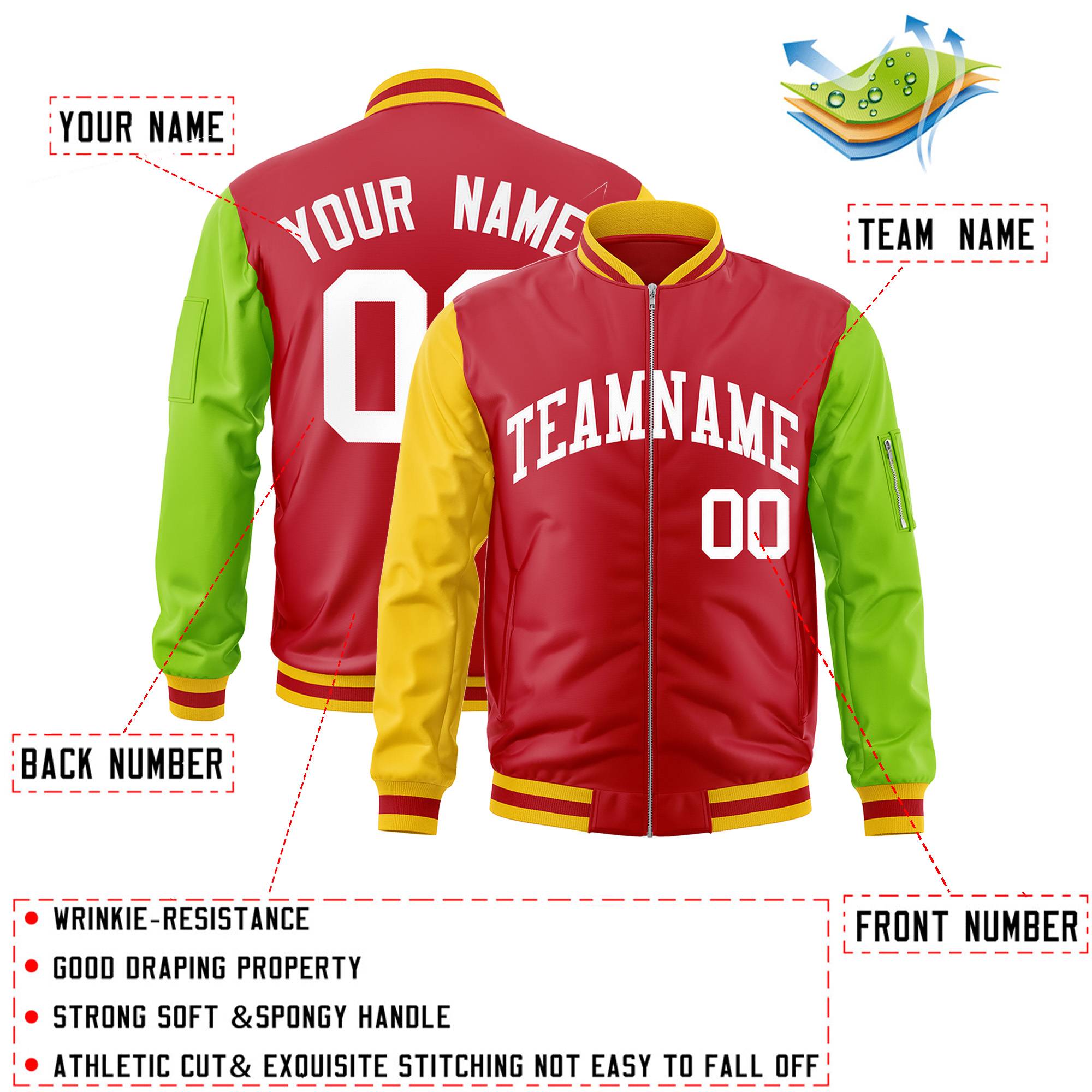 Custom Red Neon Green-Gold Varsity Full-Zip Raglan Sleeves Letterman Bomber Jacket