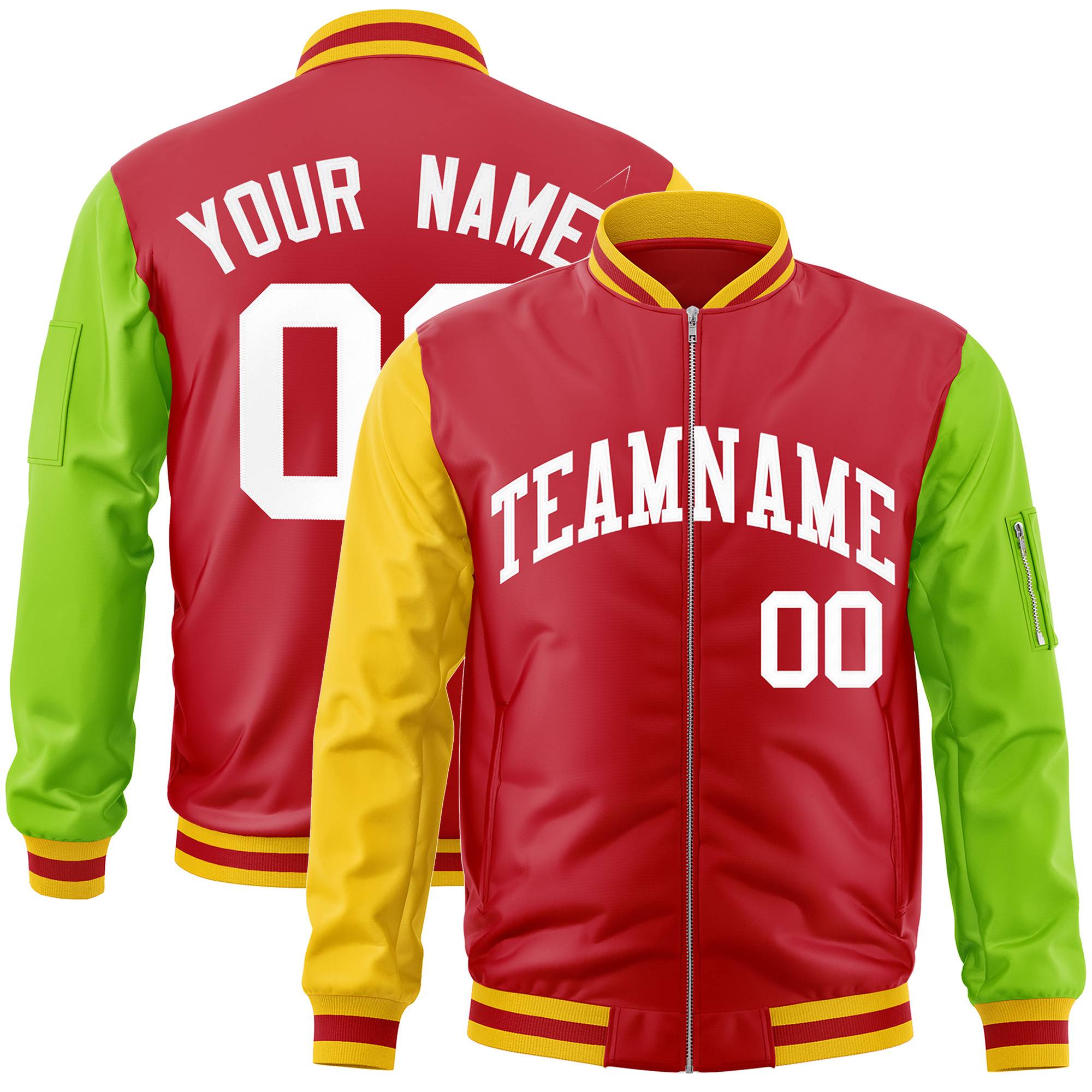 Custom Red Neon Green-Gold Varsity Full-Zip Raglan Sleeves Letterman Bomber Jacket