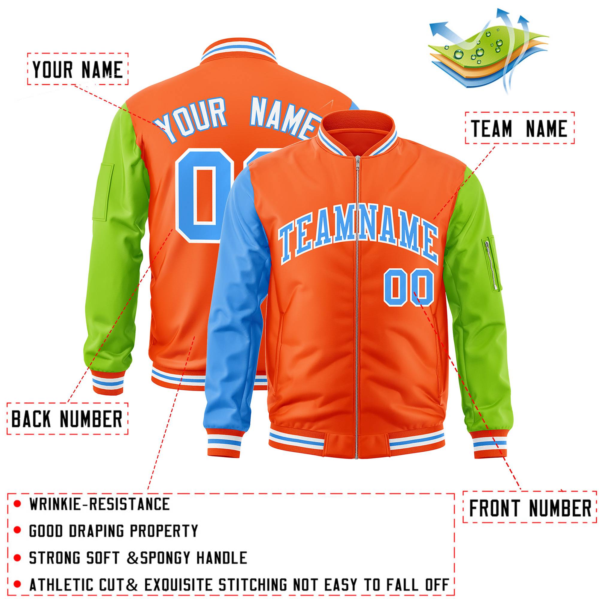 Custom Orange Neon Green-Powder Blue Varsity Full-Zip Raglan Sleeves Letterman Bomber Jacket