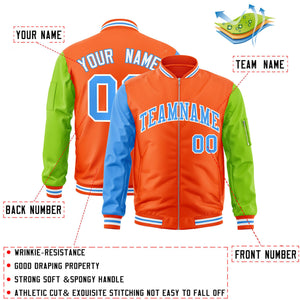 Custom Orange Neon Green-Powder Blue Varsity Full-Zip Raglan Sleeves Letterman Bomber Jacket