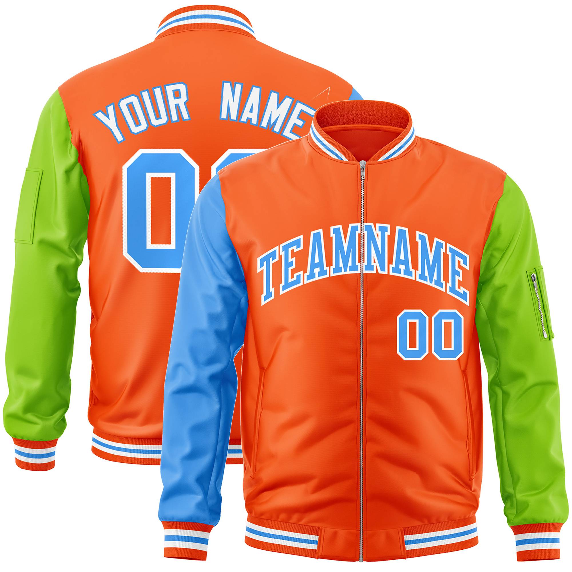 Custom Orange Neon Green-Powder Blue Varsity Full-Zip Raglan Sleeves Letterman Bomber Jacket