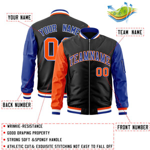 Custom Black Royal-Orange Varsity Full-Zip Raglan Sleeves Letterman Bomber Jacket