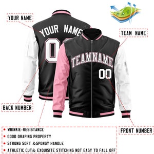 Custom Black White-Light Pink Varsity Full-Zip Raglan Sleeves Letterman Bomber Jacket