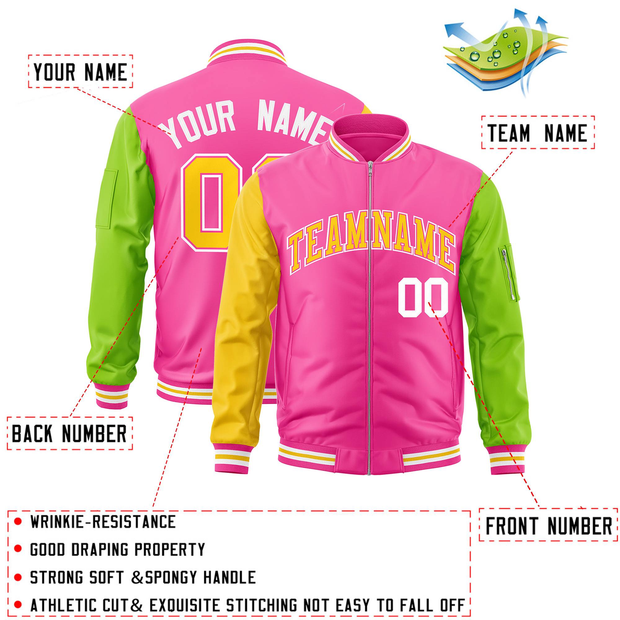 Custom Pink Neon Green-Gold Varsity Full-Zip Raglan Sleeves Letterman Bomber Jacket