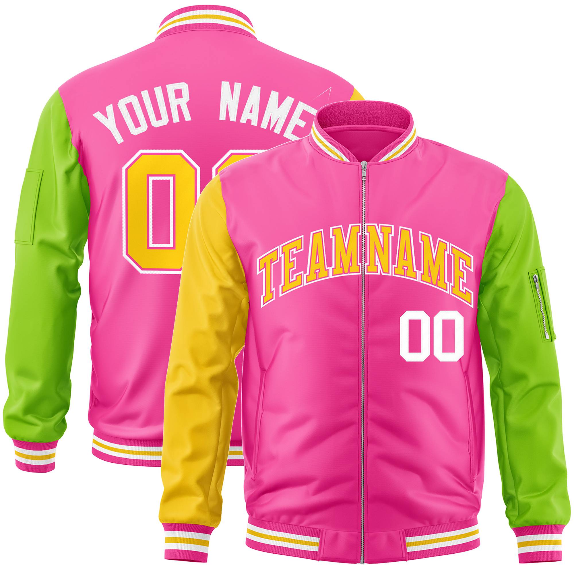 Custom Pink Neon Green-Gold Varsity Full-Zip Raglan Sleeves Letterman Bomber Jacket