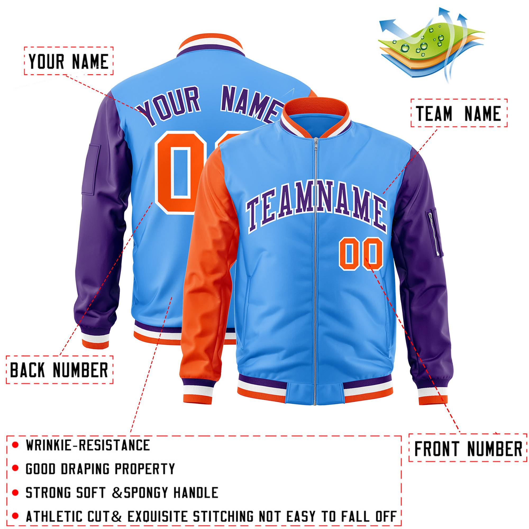 Custom Powder Blue Purple-Orange Varsity Full-Zip Raglan Sleeves Letterman Bomber Jacket