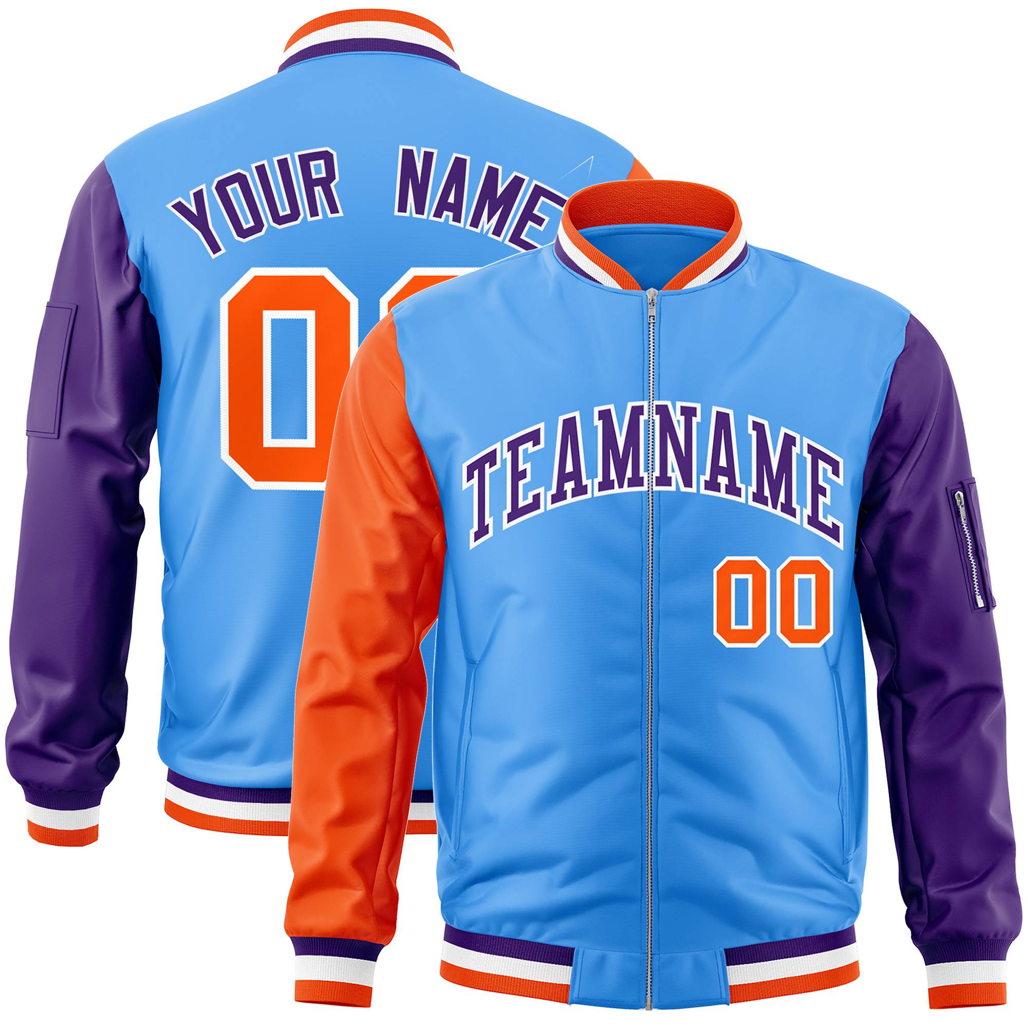 Custom Powder Blue Purple-Orange Varsity Full-Zip Raglan Sleeves Letterman Bomber Jacket