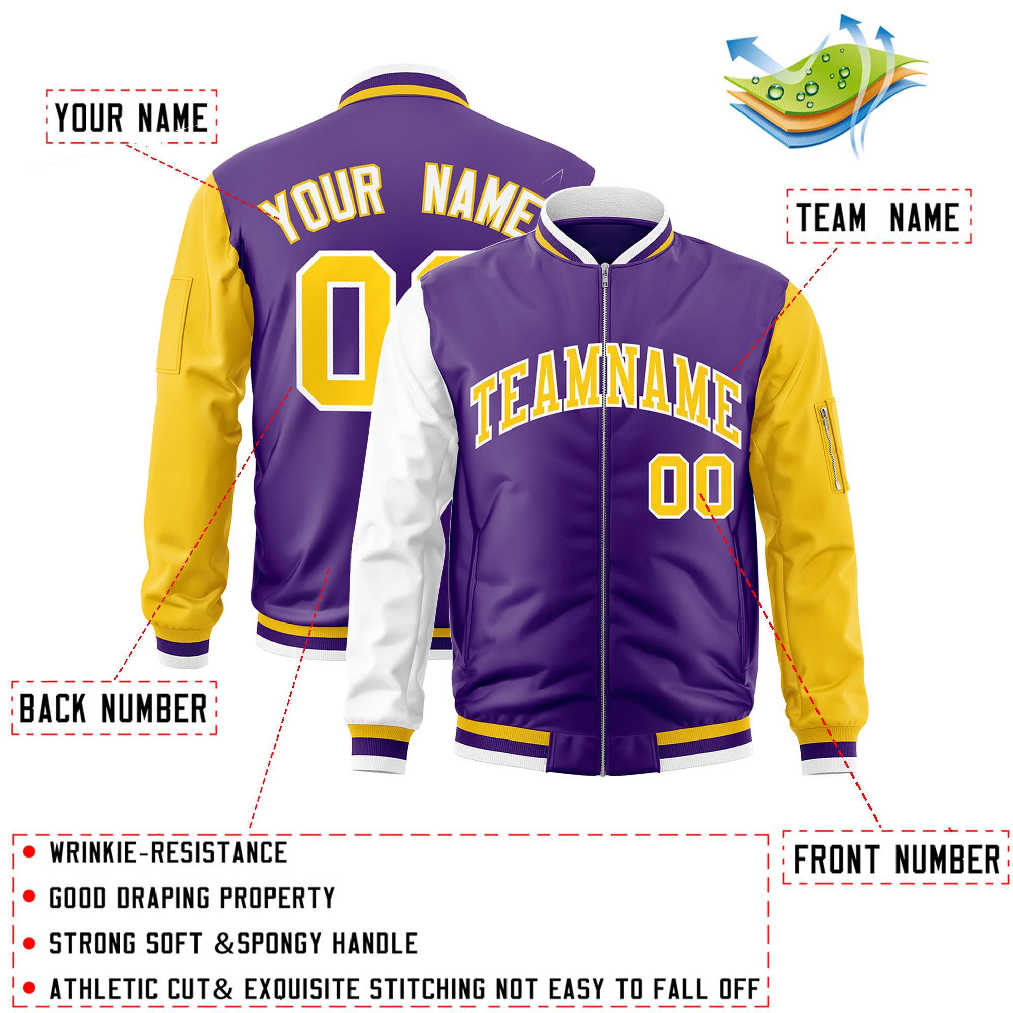 Custom Purple Gold-White Varsity Full-Zip Raglan Sleeves Letterman Bomber Jacket