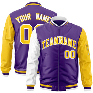 Custom Purple Gold-White Varsity Full-Zip Raglan Sleeves Letterman Bomber Jacket