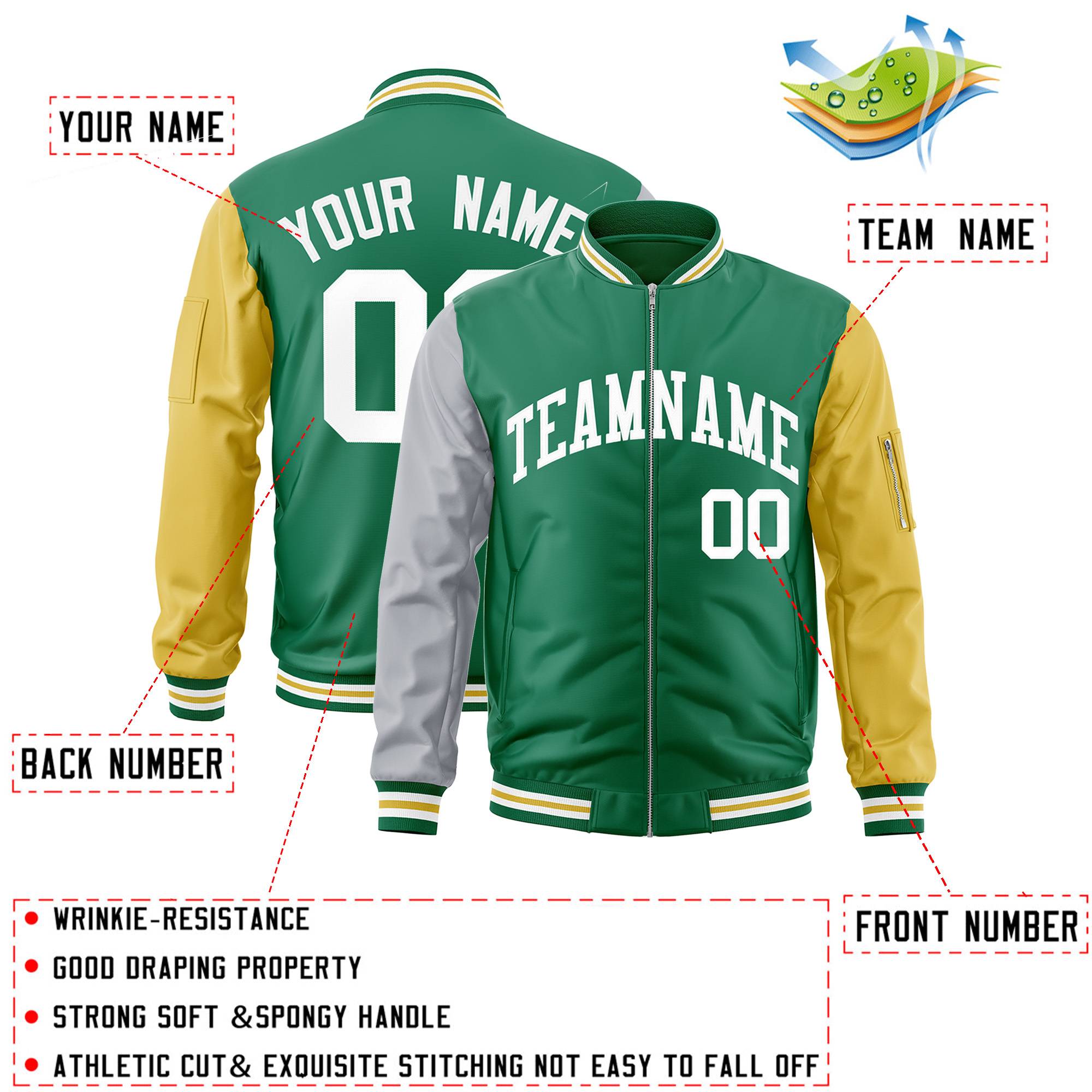 Custom Kelly Green Old Gold-Gray Varsity Full-Zip Raglan Sleeves Letterman Bomber Jacket