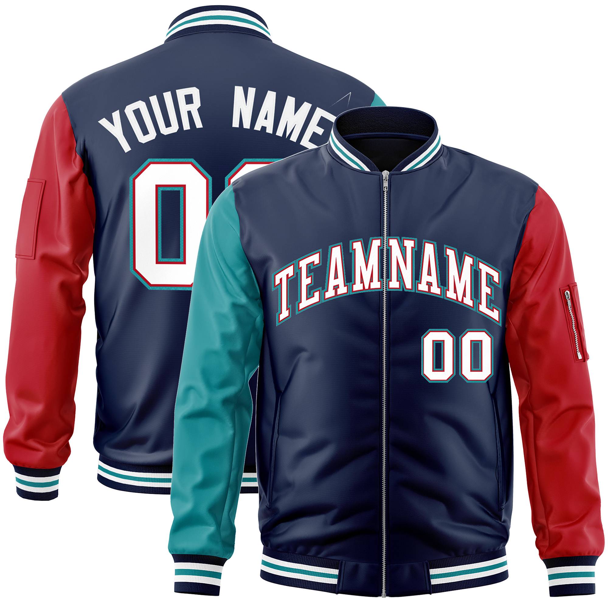 Custom Navy Red-Aqua Varsity Full-Zip Raglan Sleeves Letterman Bomber Jacket