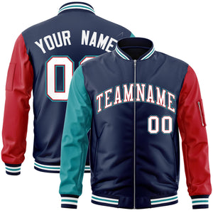 Custom Navy Red-Aqua Varsity Full-Zip Raglan Sleeves Letterman Bomber Jacket