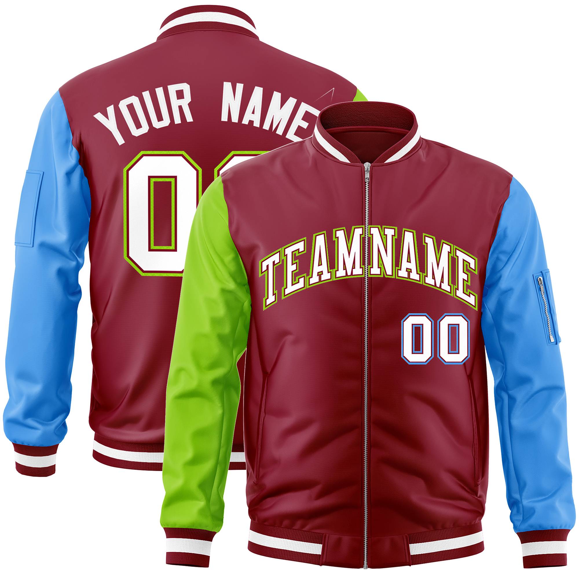 Custom Crimson Powder Blue-Neon Green Varsity Full-Zip Raglan Sleeves Letterman Bomber Jacket