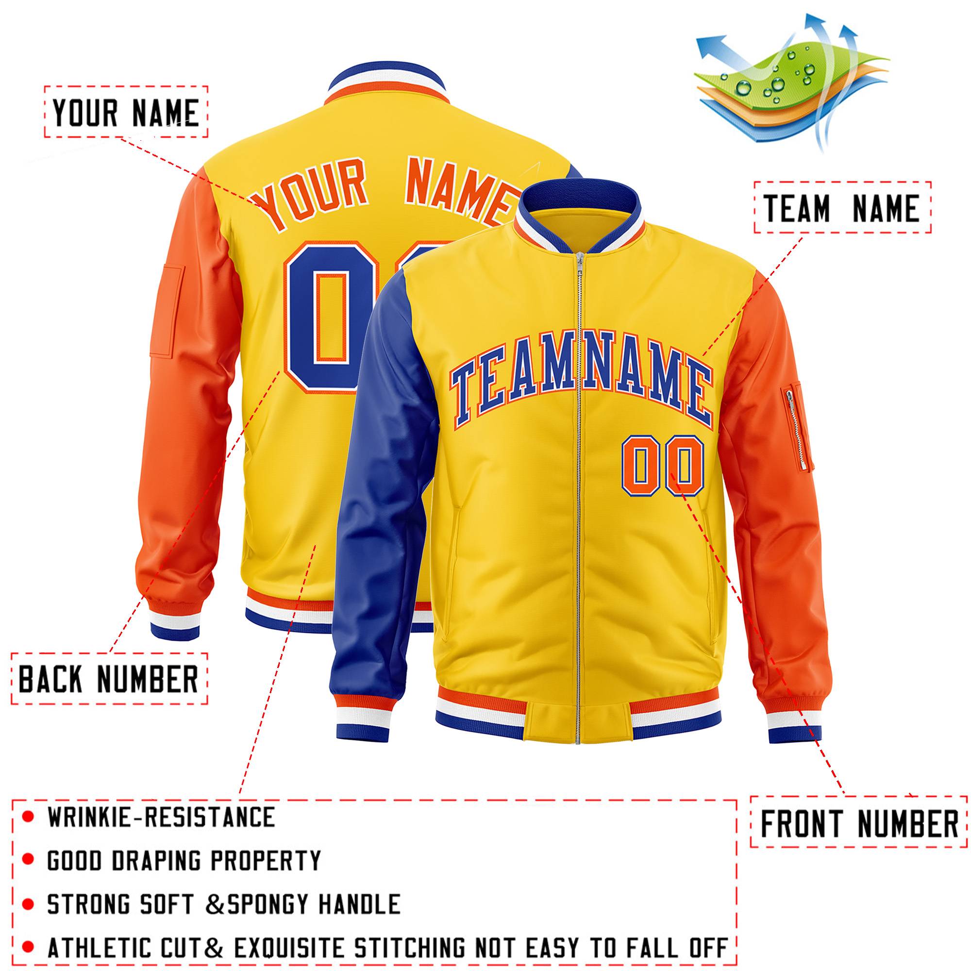 Custom Gold Orange-Royal Varsity Full-Zip Raglan Sleeves Letterman Bomber Jacket