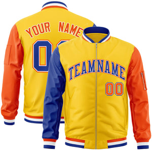 Custom Gold Orange-Royal Varsity Full-Zip Raglan Sleeves Letterman Bomber Jacket