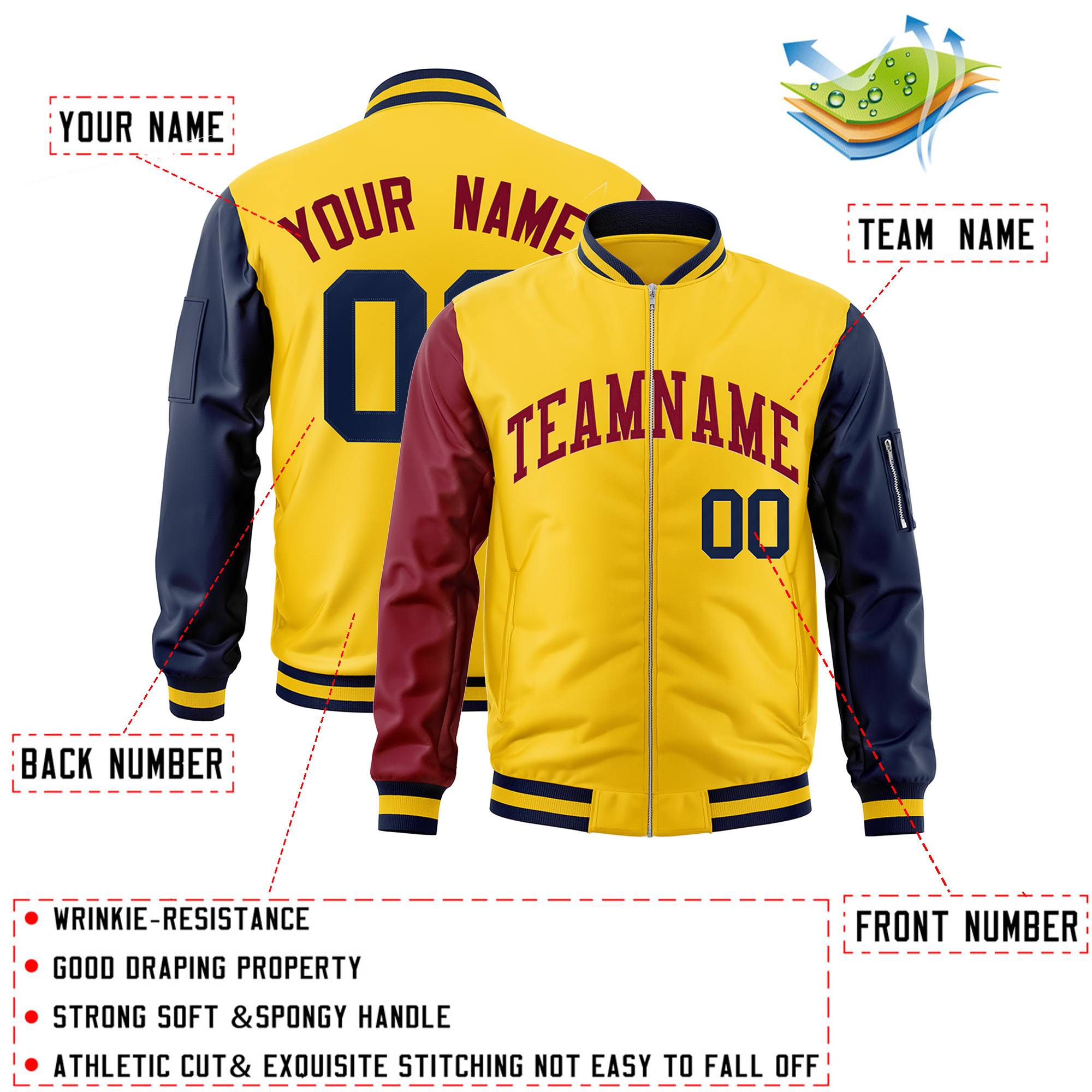 Custom Gold Navy-Crimson Varsity Full-Zip Raglan Sleeves Letterman Bomber Jacket