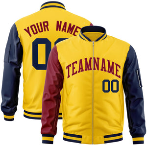 Custom Gold Navy-Crimson Varsity Full-Zip Raglan Sleeves Letterman Bomber Jacket