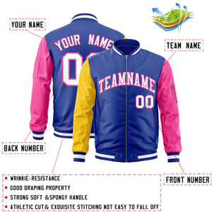 Custom Royal Pink-Gold Varsity Full-Zip Raglan Sleeves Letterman Bomber Jacket