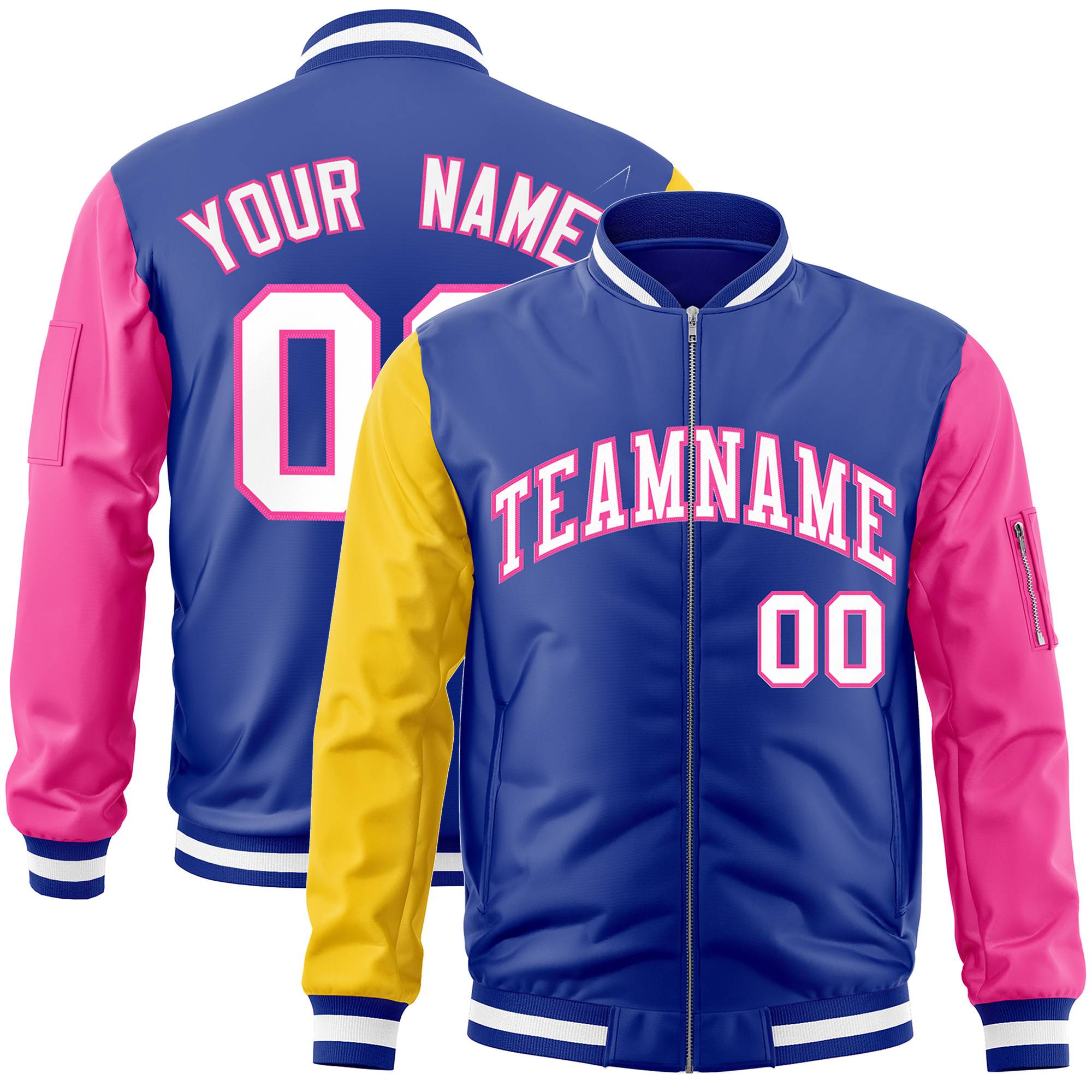 Custom Royal Pink-Gold Varsity Full-Zip Raglan Sleeves Letterman Bomber Jacket