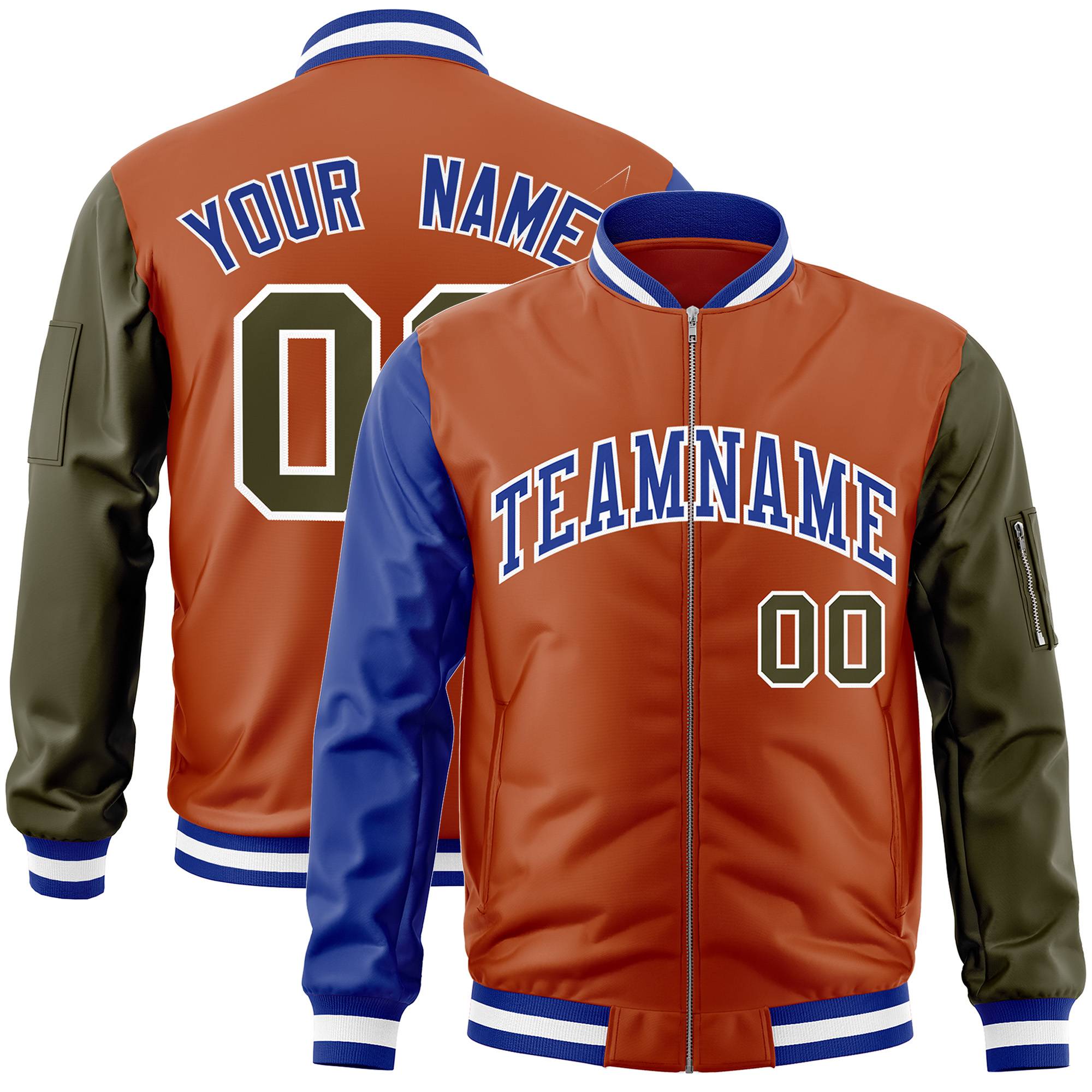 Custom Texas Orange Olive-Royal Varsity Full-Zip Raglan Sleeves Letterman Bomber Jacket