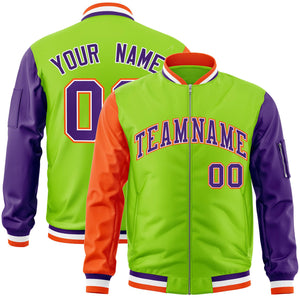 Custom Neon Green Purple-Orange Varsity Full-Zip Raglan Sleeves Letterman Bomber Jacket