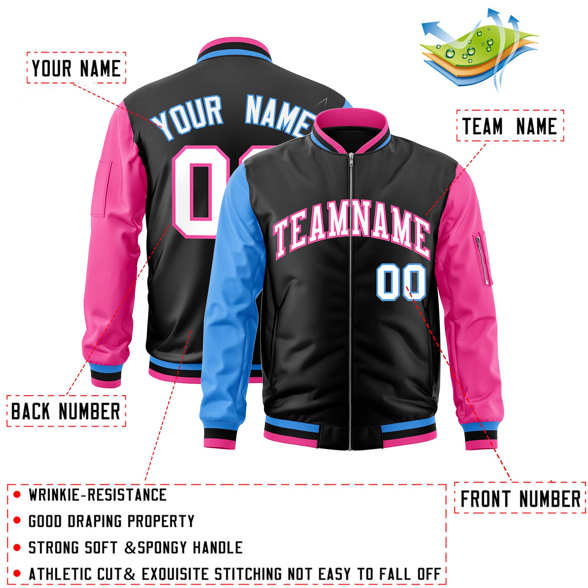 Custom Black Pink-Powder Blue Varsity Full-Zip Raglan Sleeves Letterman Bomber Jacket