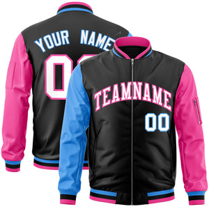 Custom Black Pink-Powder Blue Varsity Full-Zip Raglan Sleeves Letterman Bomber Jacket