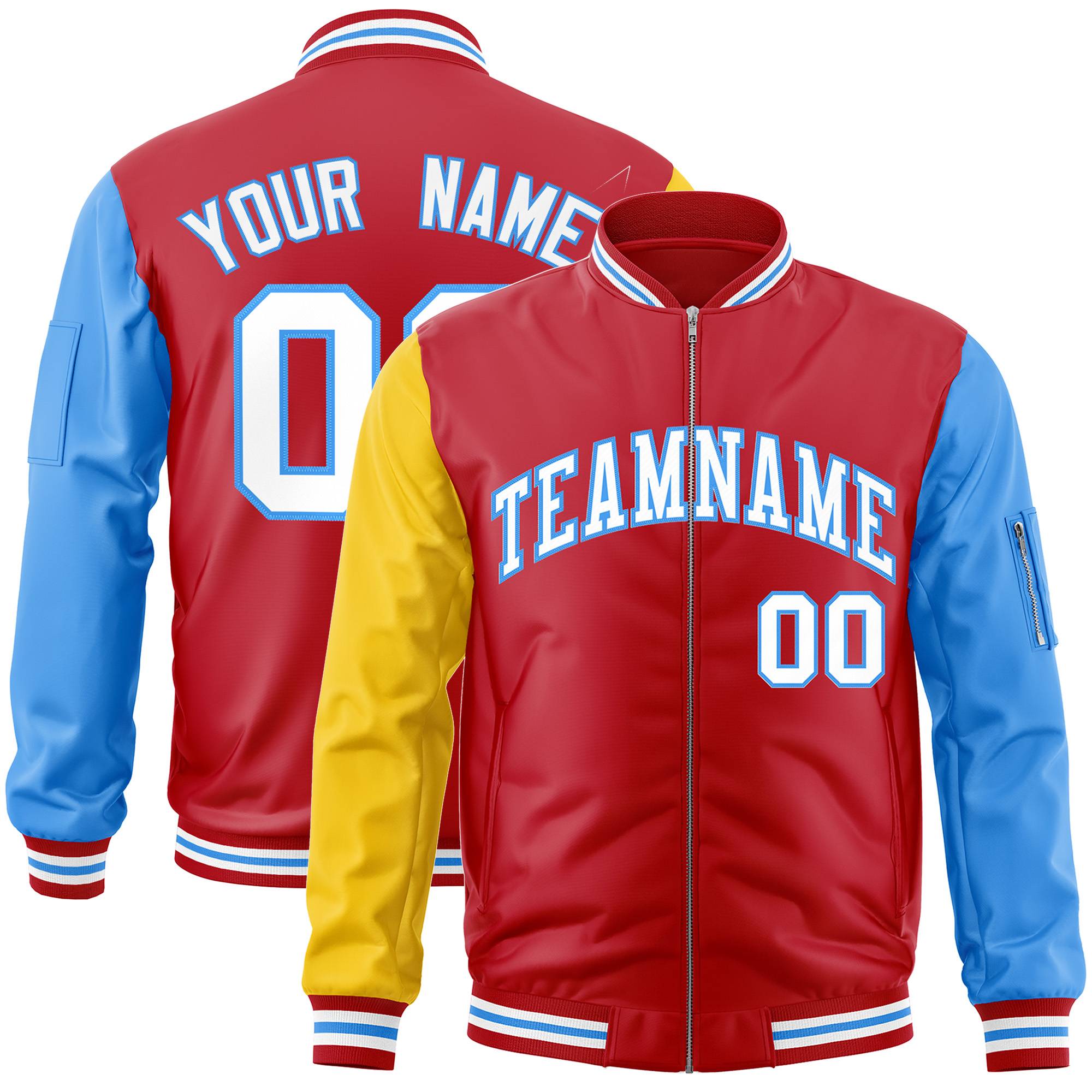 Custom Red Powder Blue-Gold Varsity Full-Zip Raglan Sleeves Letterman Bomber Jacket