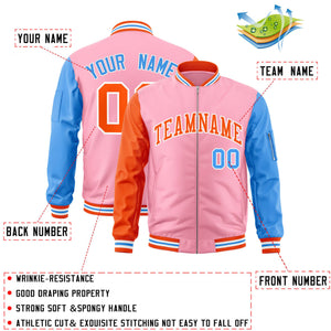 Custom Light Pink Powder Blue-Orange Varsity Full-Zip Raglan Sleeves Letterman Bomber Jacket