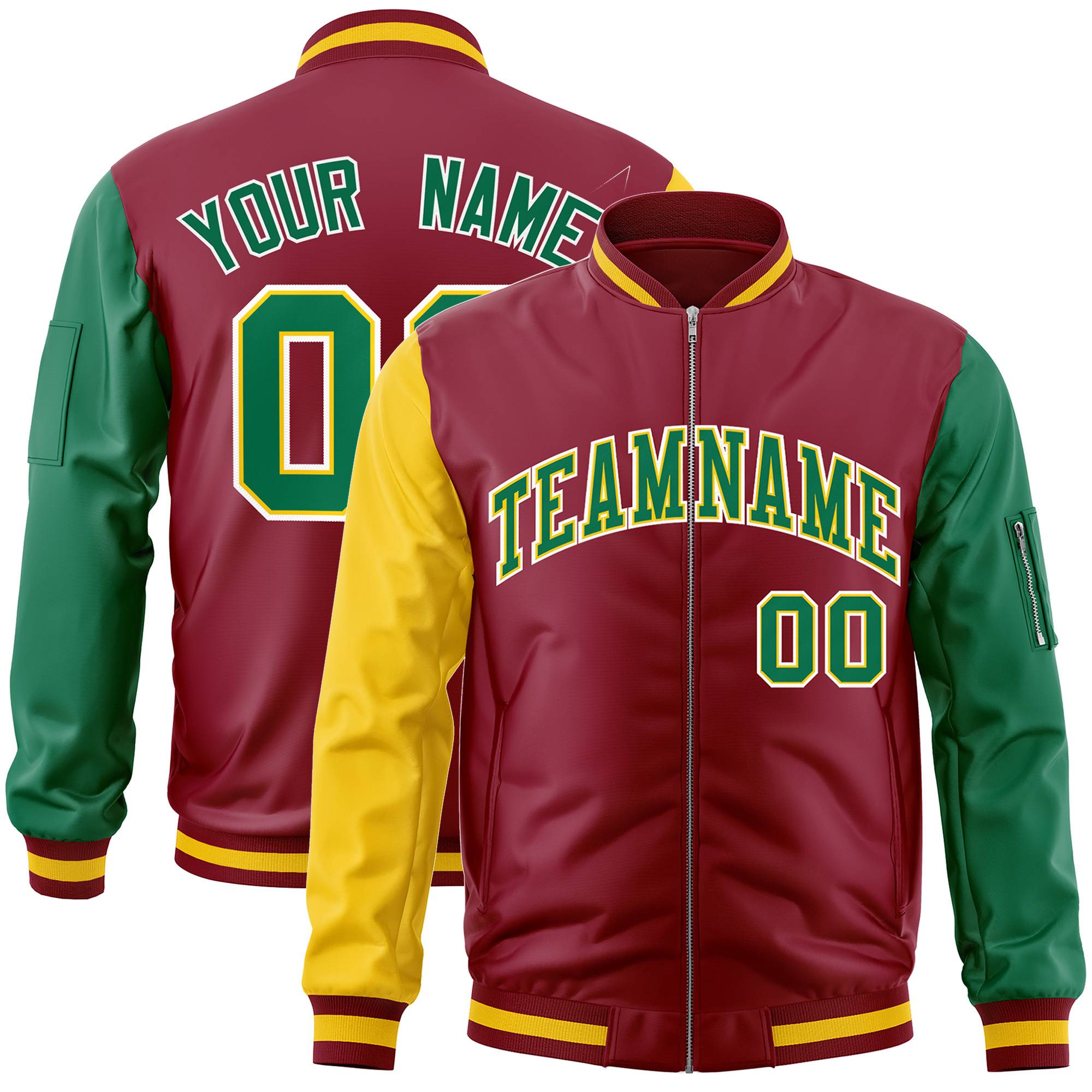 Custom Crimson Kelly Green-Gold Varsity Full-Zip Raglan Sleeves Letterman Bomber Jacket