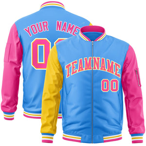 Custom Powder Blue Pink-Gold Varsity Full-Zip Raglan Sleeves Letterman Bomber Jacket