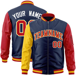 Custom Navy Red-Gold Varsity Full-Zip Raglan Sleeves Letterman Bomber Jacket