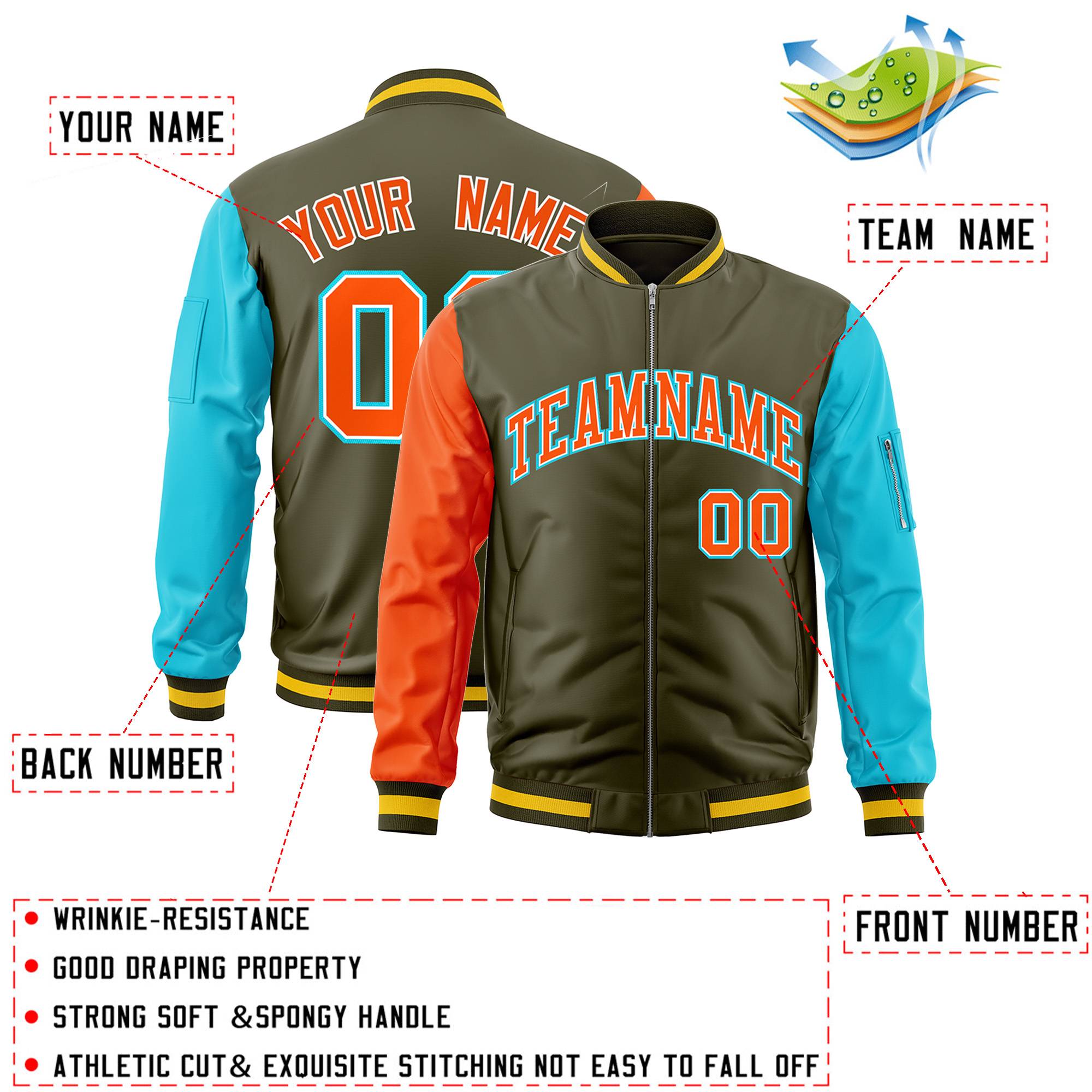 Custom Olive Sky Blue-Orange Varsity Full-Zip Raglan Sleeves Letterman Bomber Jacket