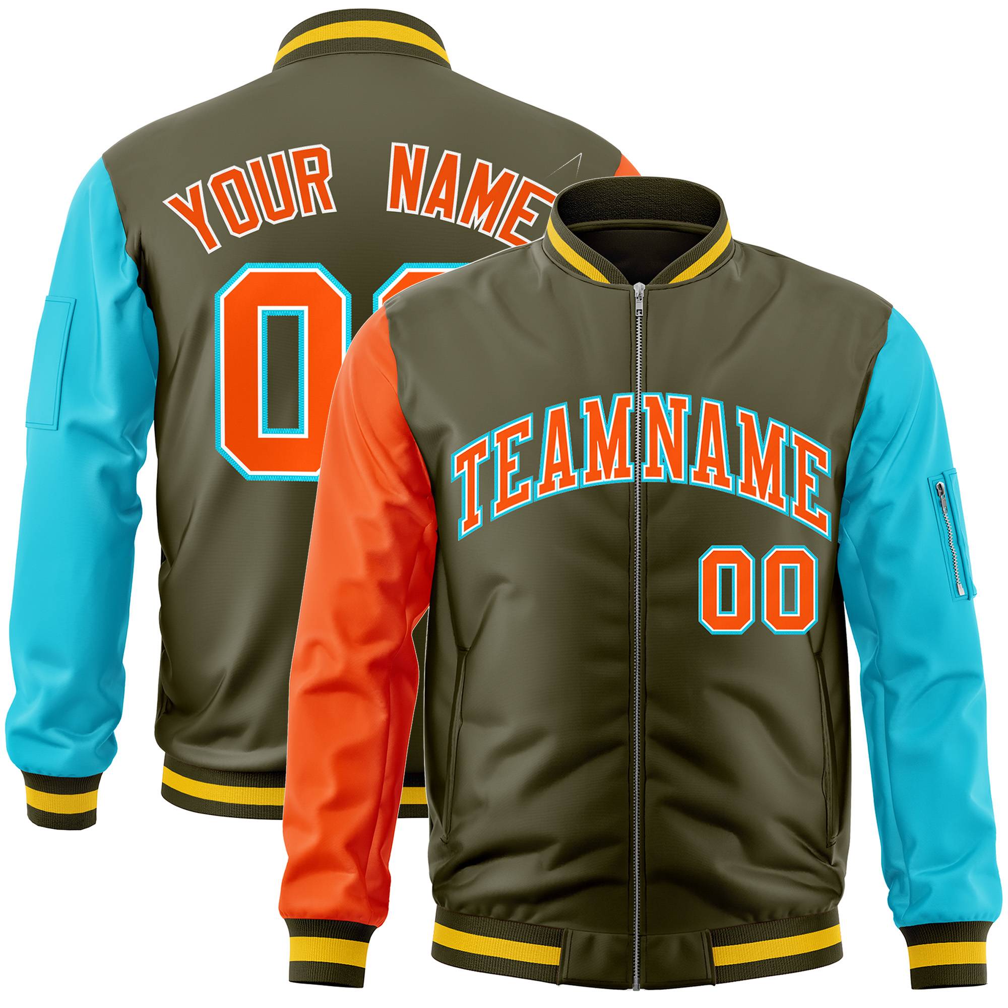 Custom Olive Sky Blue-Orange Varsity Full-Zip Raglan Sleeves Letterman Bomber Jacket