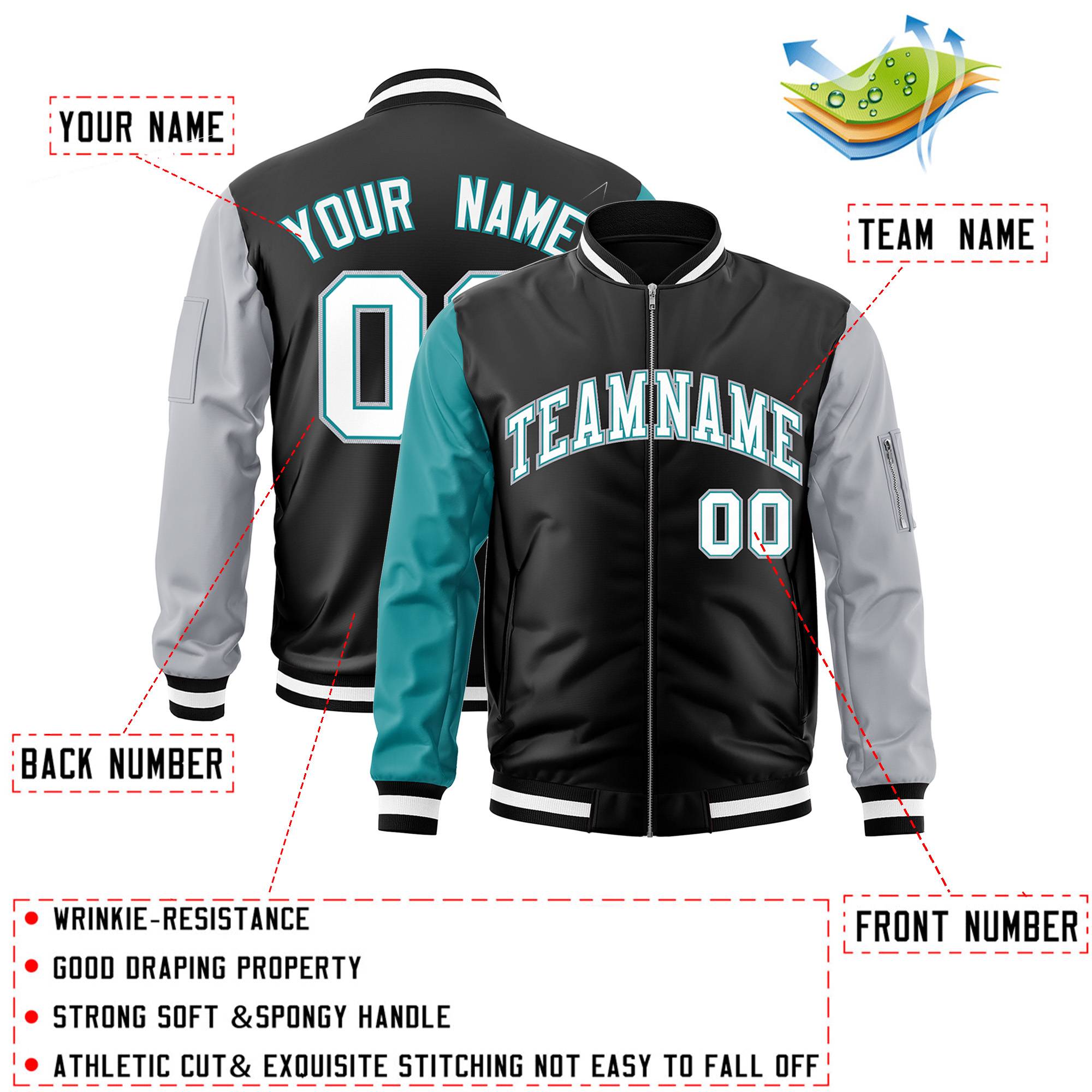 Custom Black Gray-Aqua Varsity Full-Zip Raglan Sleeves Letterman Bomber Jacket