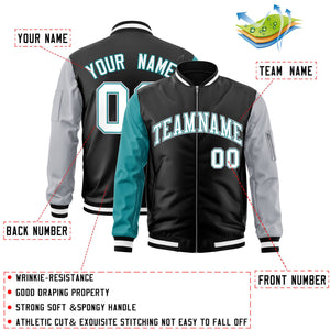 Custom Black Gray-Aqua Varsity Full-Zip Raglan Sleeves Letterman Bomber Jacket