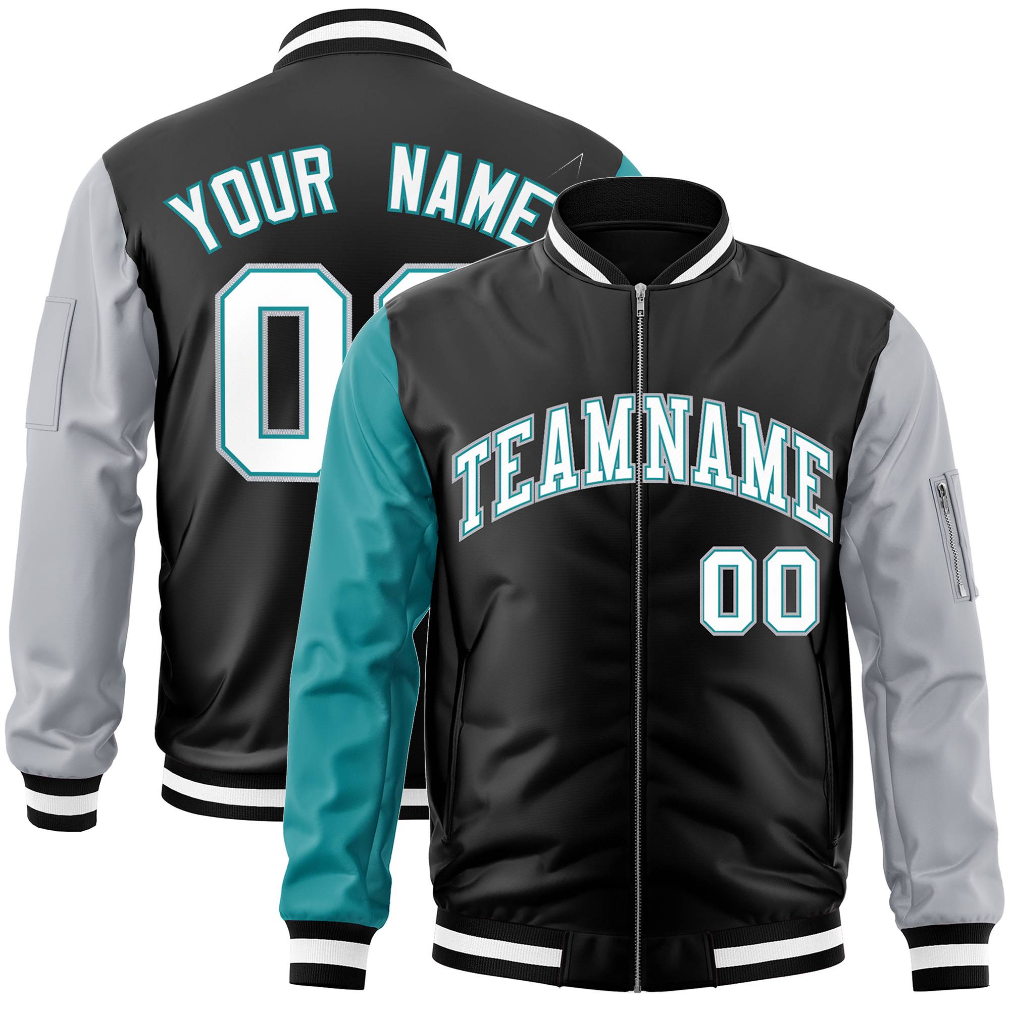 Custom Black Gray-Aqua Varsity Full-Zip Raglan Sleeves Letterman Bomber Jacket