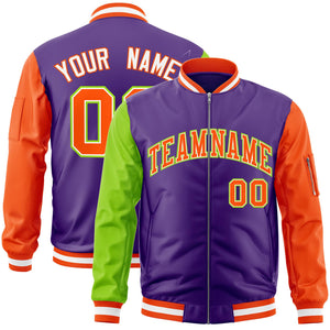 Custom Purple Orange-Neon Green Varsity Full-Zip Raglan Sleeves Letterman Bomber Jacket