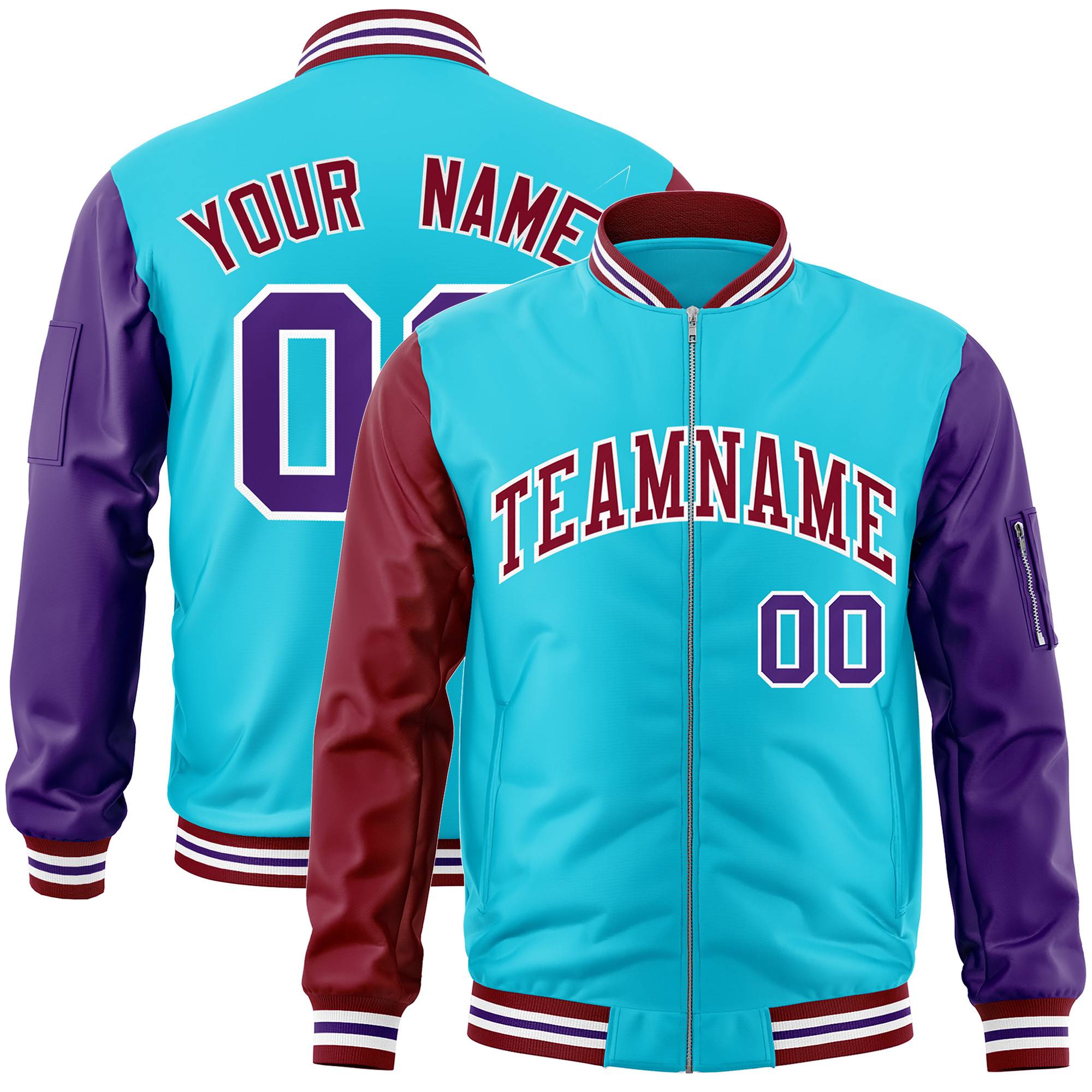 Custom Sky Blue Purple-Crimson Varsity Full-Zip Raglan Sleeves Letterman Bomber Jacket