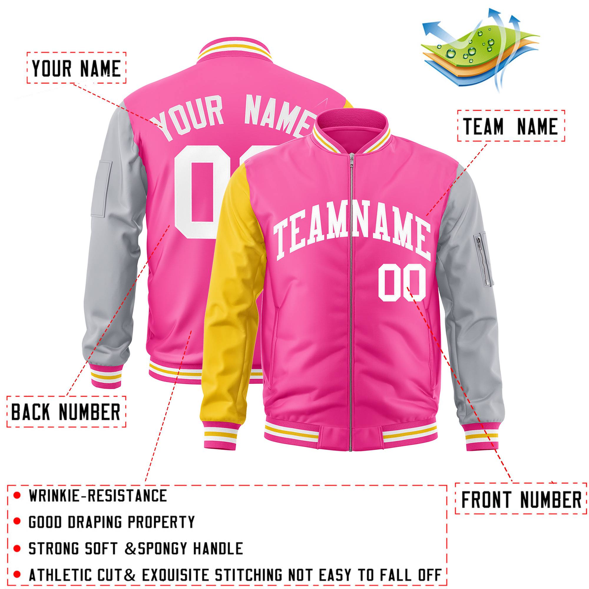 Custom Pink Gray-Gold Varsity Full-Zip Raglan Sleeves Letterman Bomber Jacket