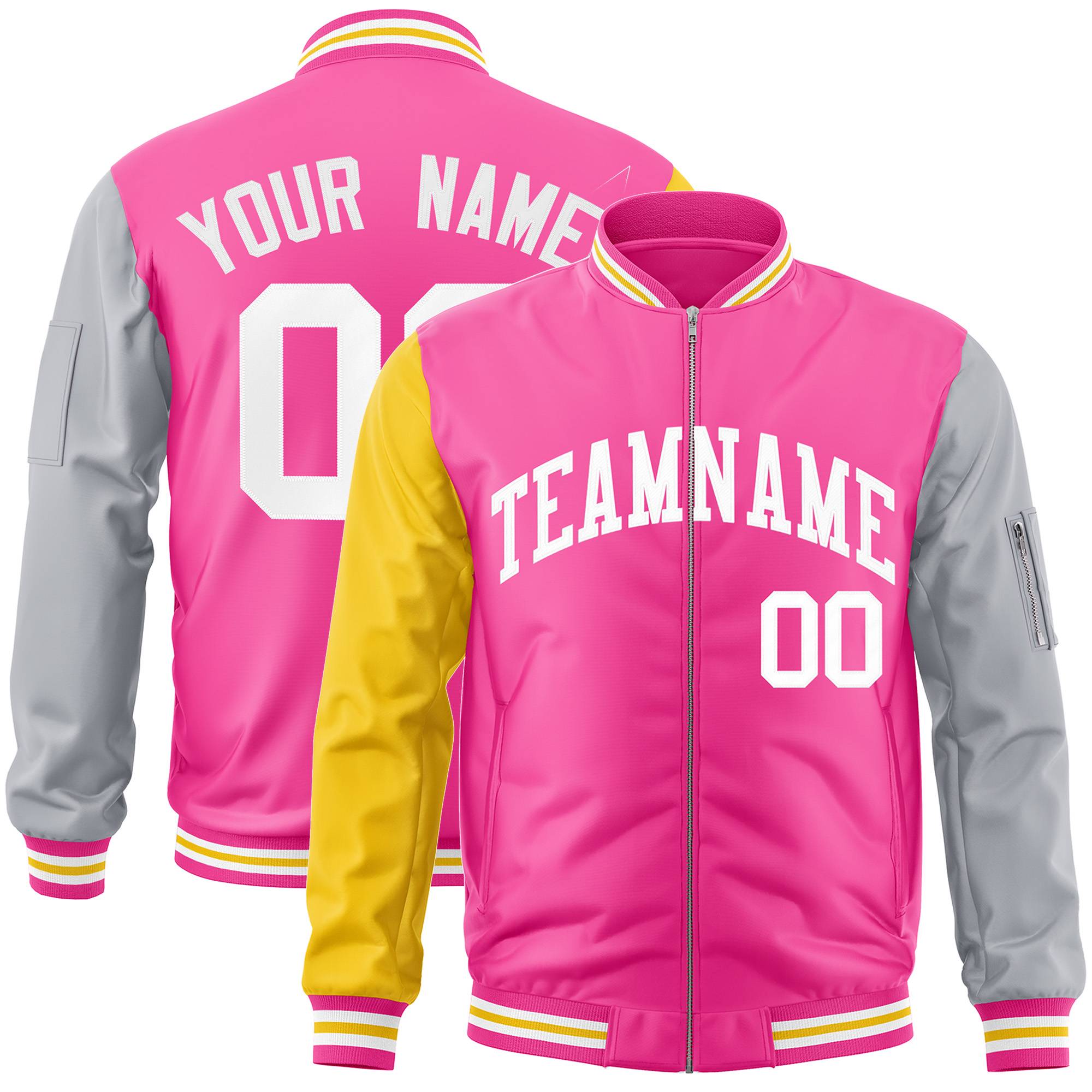 Custom Pink Gray-Gold Varsity Full-Zip Raglan Sleeves Letterman Bomber Jacket