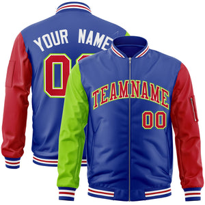 Custom Royal Red-Neon Green Varsity Full-Zip Raglan Sleeves Letterman Bomber Jacket