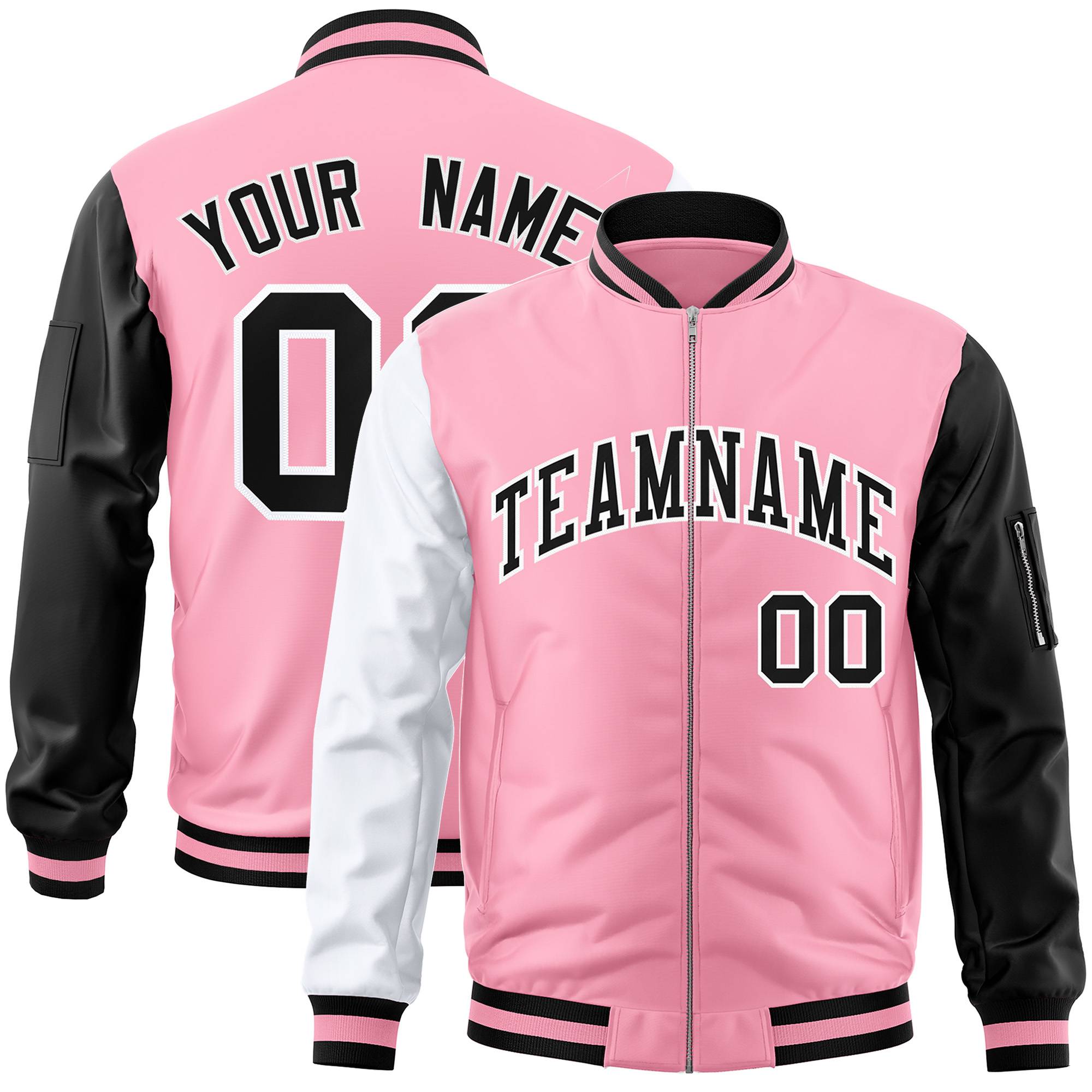 Custom Light Pink Black-White Varsity Full-Zip Raglan Sleeves Letterman Bomber Jacket