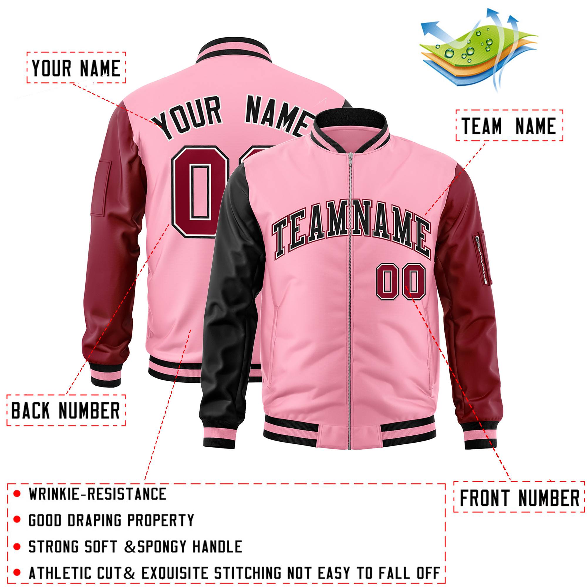 Custom Light Pink Crimson-Black Varsity Full-Zip Raglan Sleeves Letterman Bomber Jacket