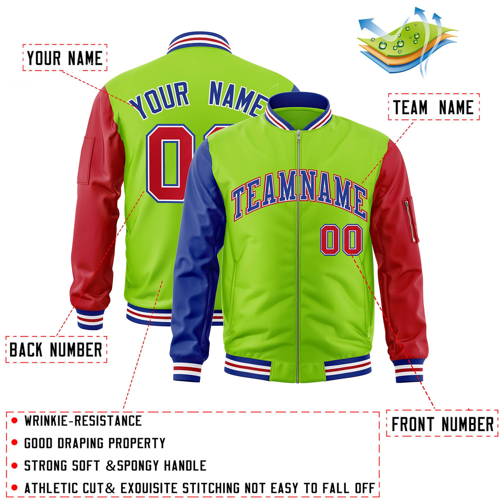 Custom Neon Green Red-Royal Varsity Full-Zip Raglan Sleeves Letterman Bomber Jacket