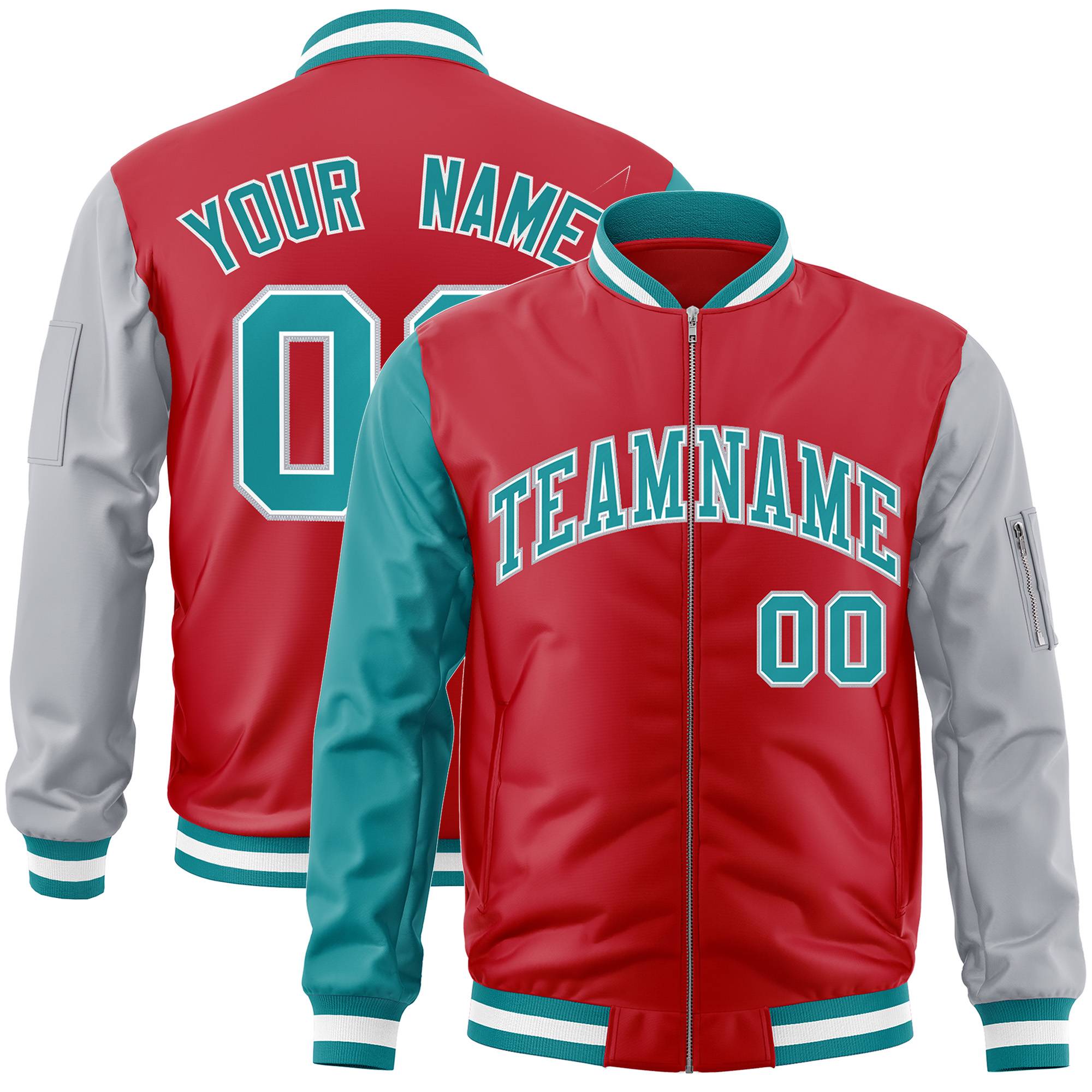 Custom Red Gray-Aqua Varsity Full-Zip Raglan Sleeves Letterman Bomber Jacket