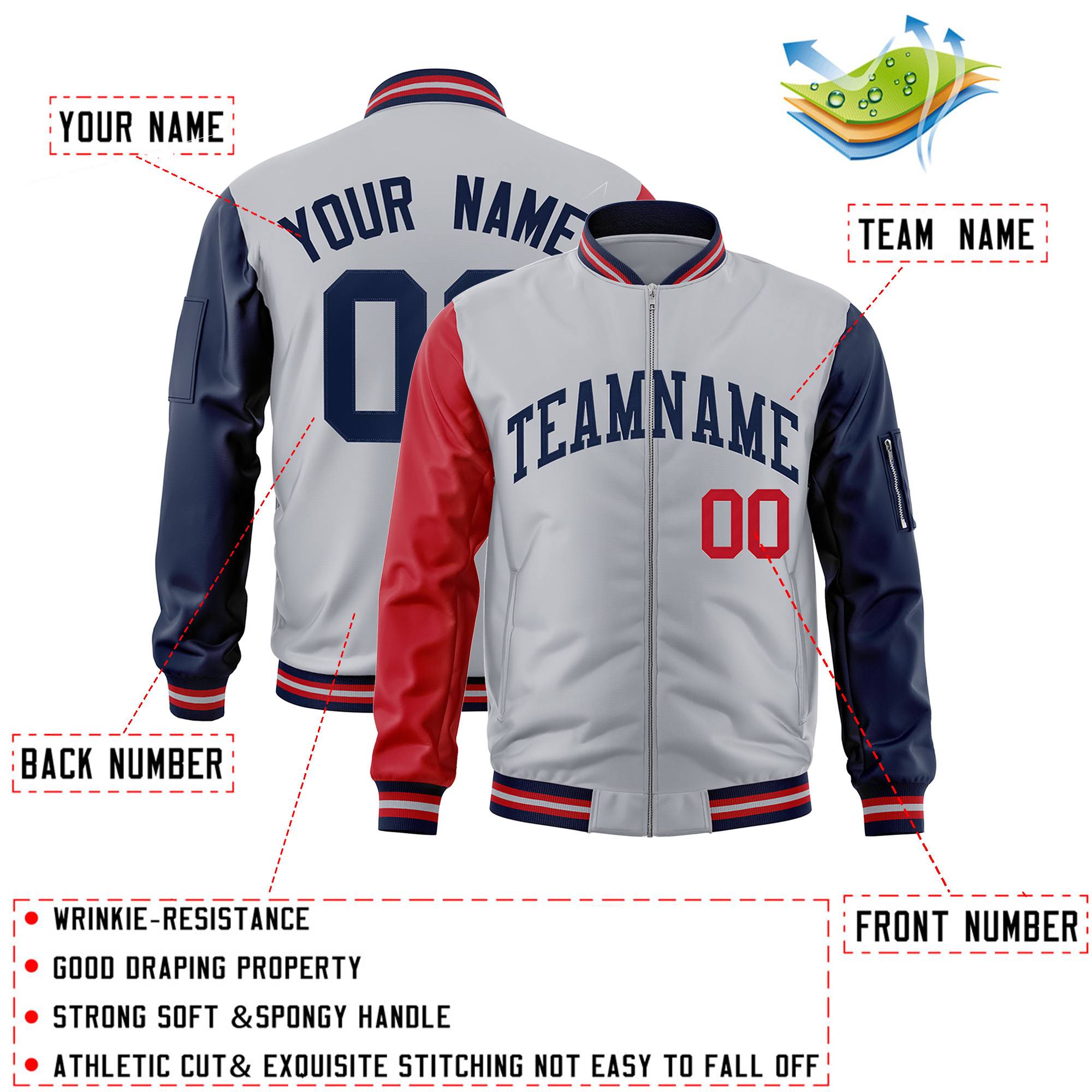 Custom Gray Navy-Red Varsity Full-Zip Raglan Sleeves Letterman Bomber Jacket