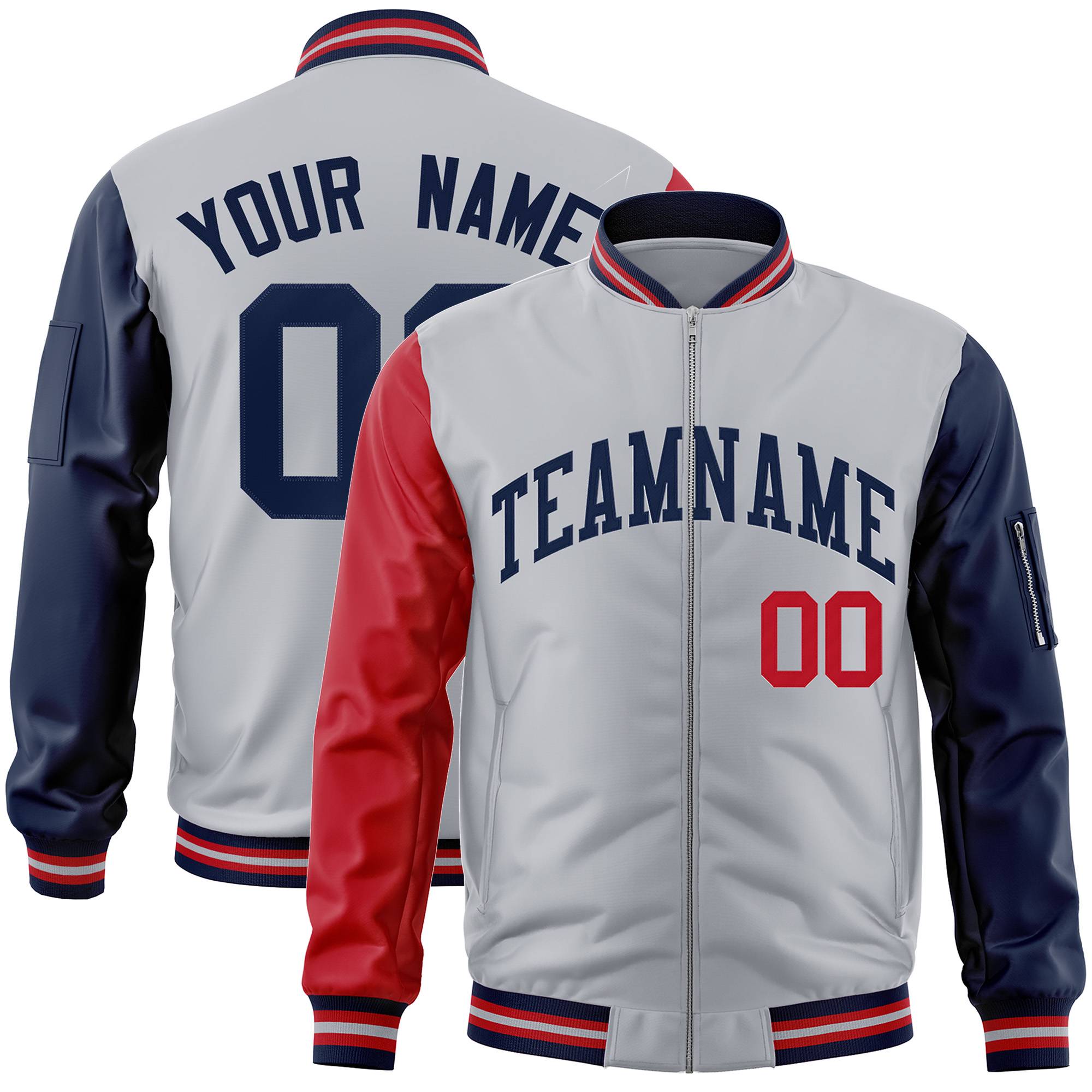 Custom Gray Navy-Red Varsity Full-Zip Raglan Sleeves Letterman Bomber Jacket