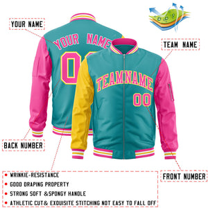 Custom Aqua Pink-Gold Varsity Full-Zip Raglan Sleeves Letterman Bomber Jacket